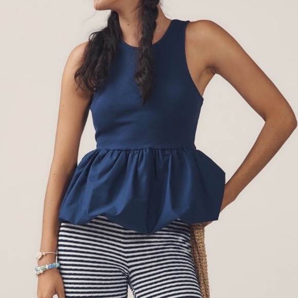 Maeve Tops - Maeve Anthropologie Bubble Peplum Navy Ink Stretch Tank Top Sleeveless XS NWT